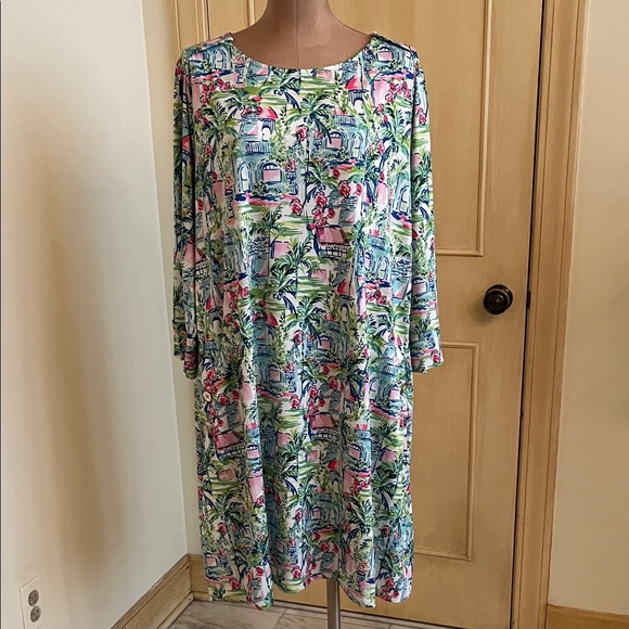 Stella Parker Dresses & Skirts - STELLA PARKER Cruise Summer Party Gold Buttons Stretch Tropical Print Sheath 3X
